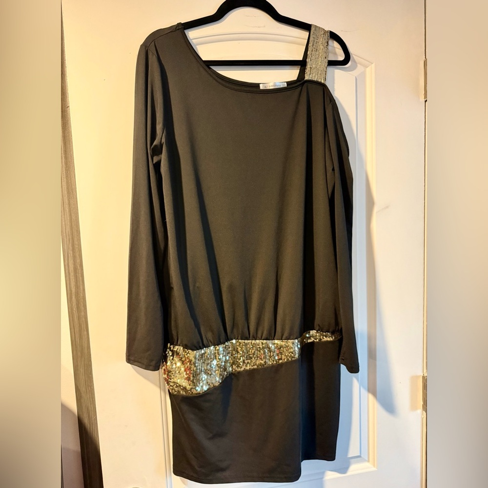 One Shoulder Black Mini Dress with Gold Sequin Accents